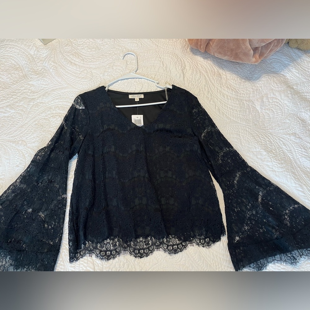 Black lace satin blouse